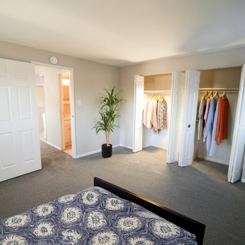 Bedroom in a 1-bedroom apartment at Riverview Crossings Apartments in Bensalem Bedroom in a 1-bedroom apartment at Riverview Crossings Apartments in Bensalem
